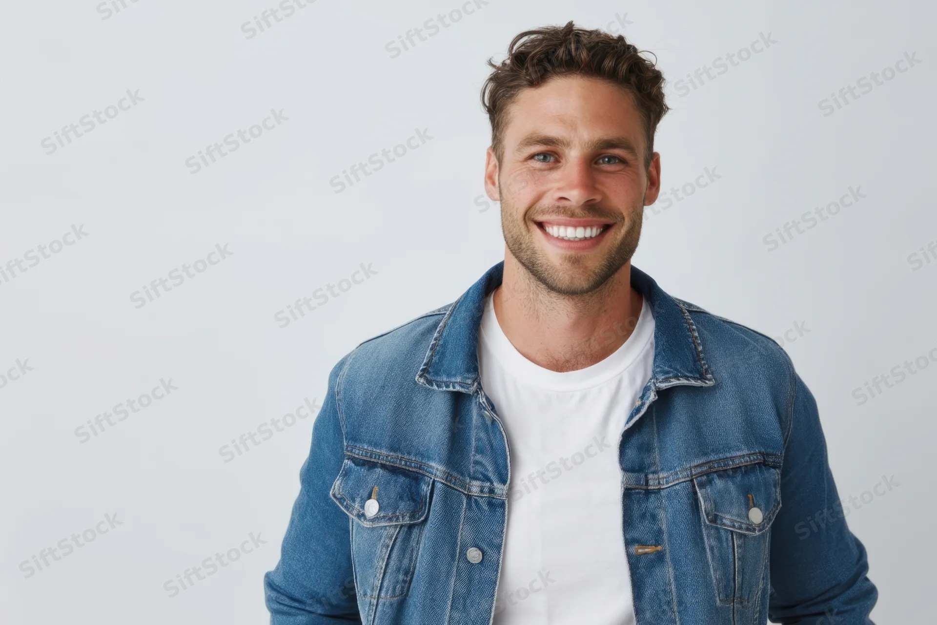 Smiling man in denim jacket and white t-shirt standing in studio