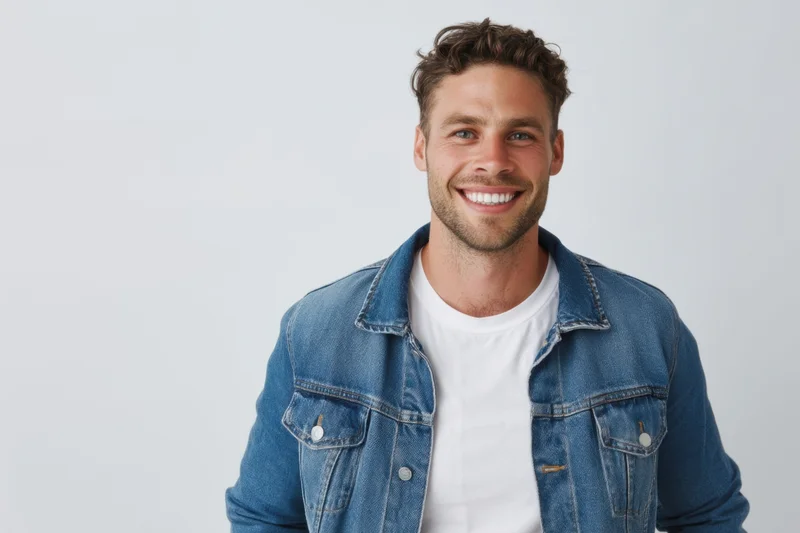 Smiling man in denim jacket and white t-shirt standing in studio
