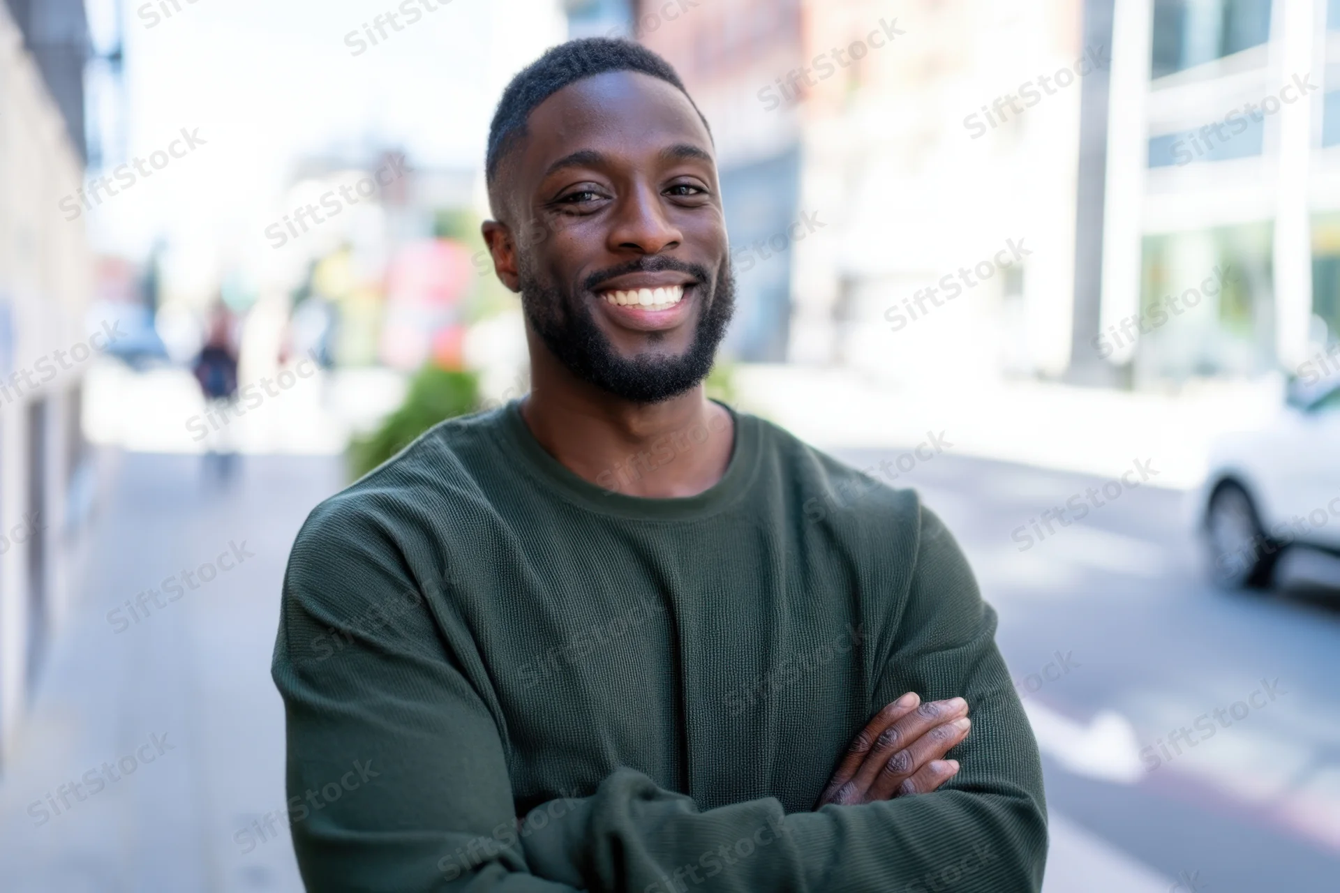 Smiling man with arms crossed standing on city sidewalk