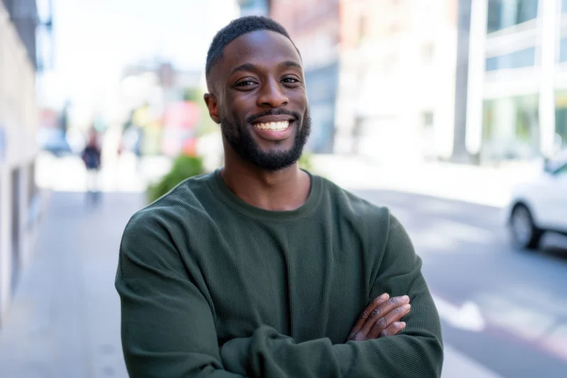 Smiling man with arms crossed standing on city sidewalk