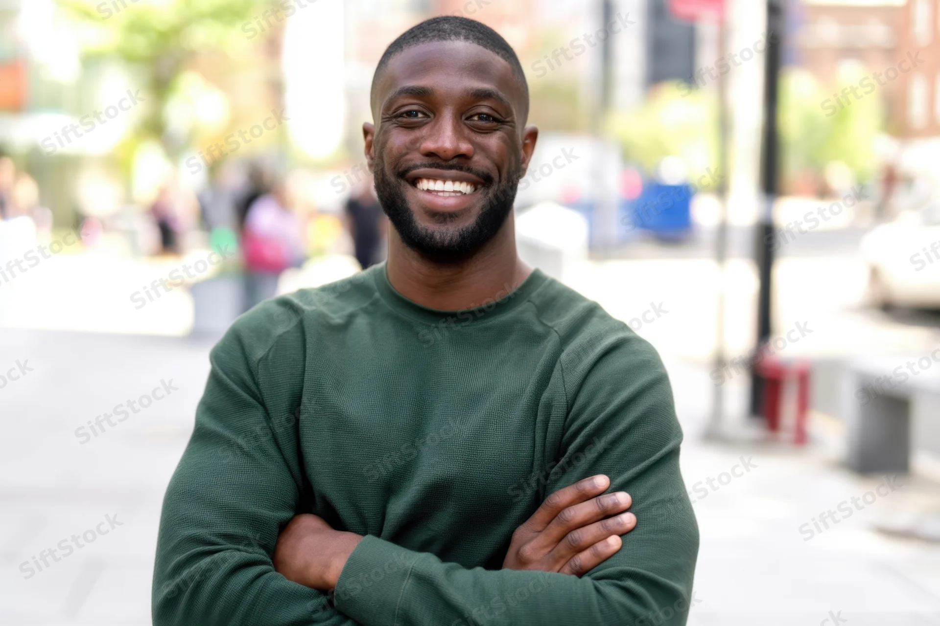 Smiling man with arms crossed standing on city sidewalk