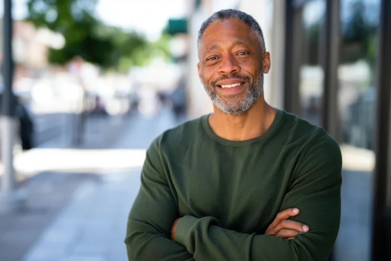 Smiling man with arms crossed standing on city sidewalk