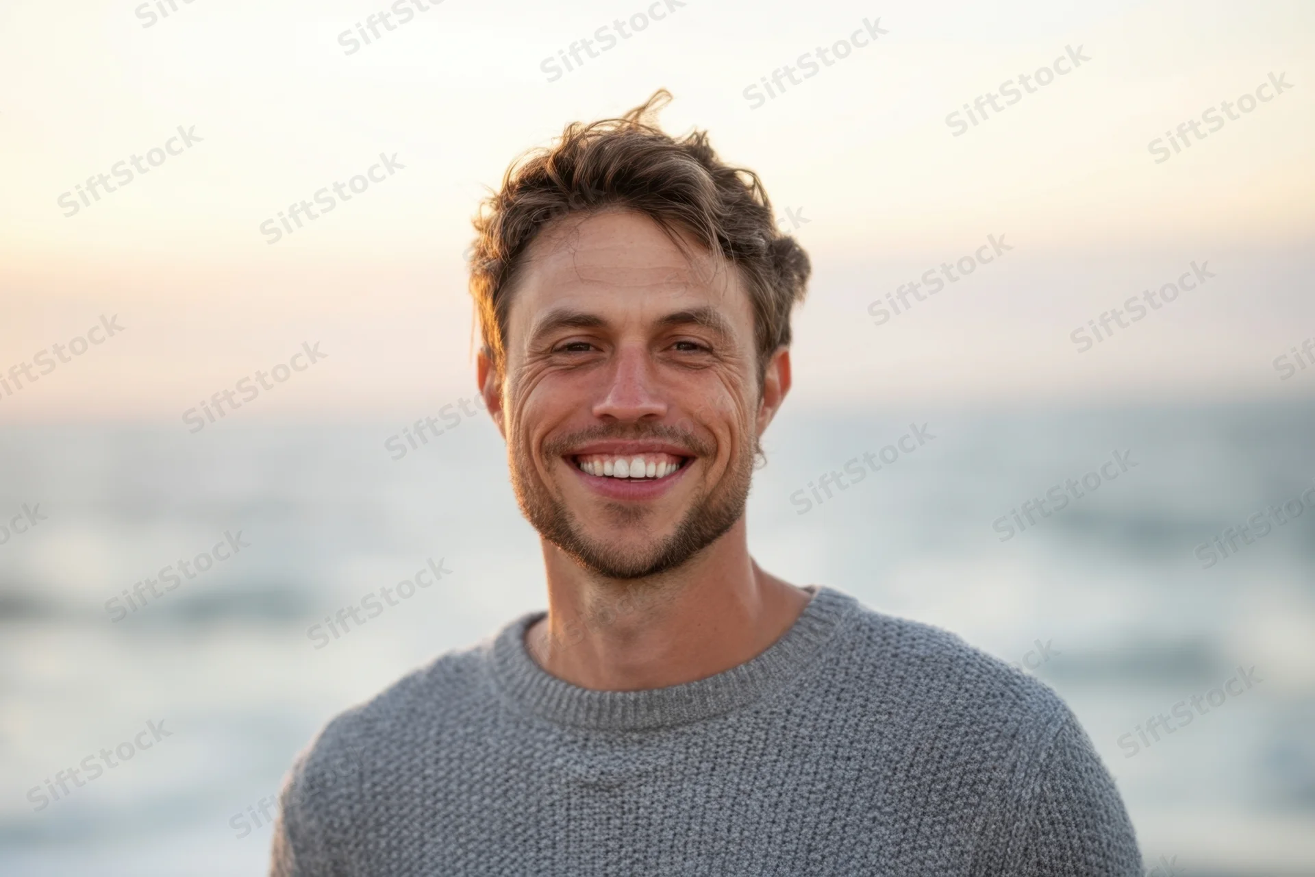 Smiling man in gray sweater standing by ocean at sunset