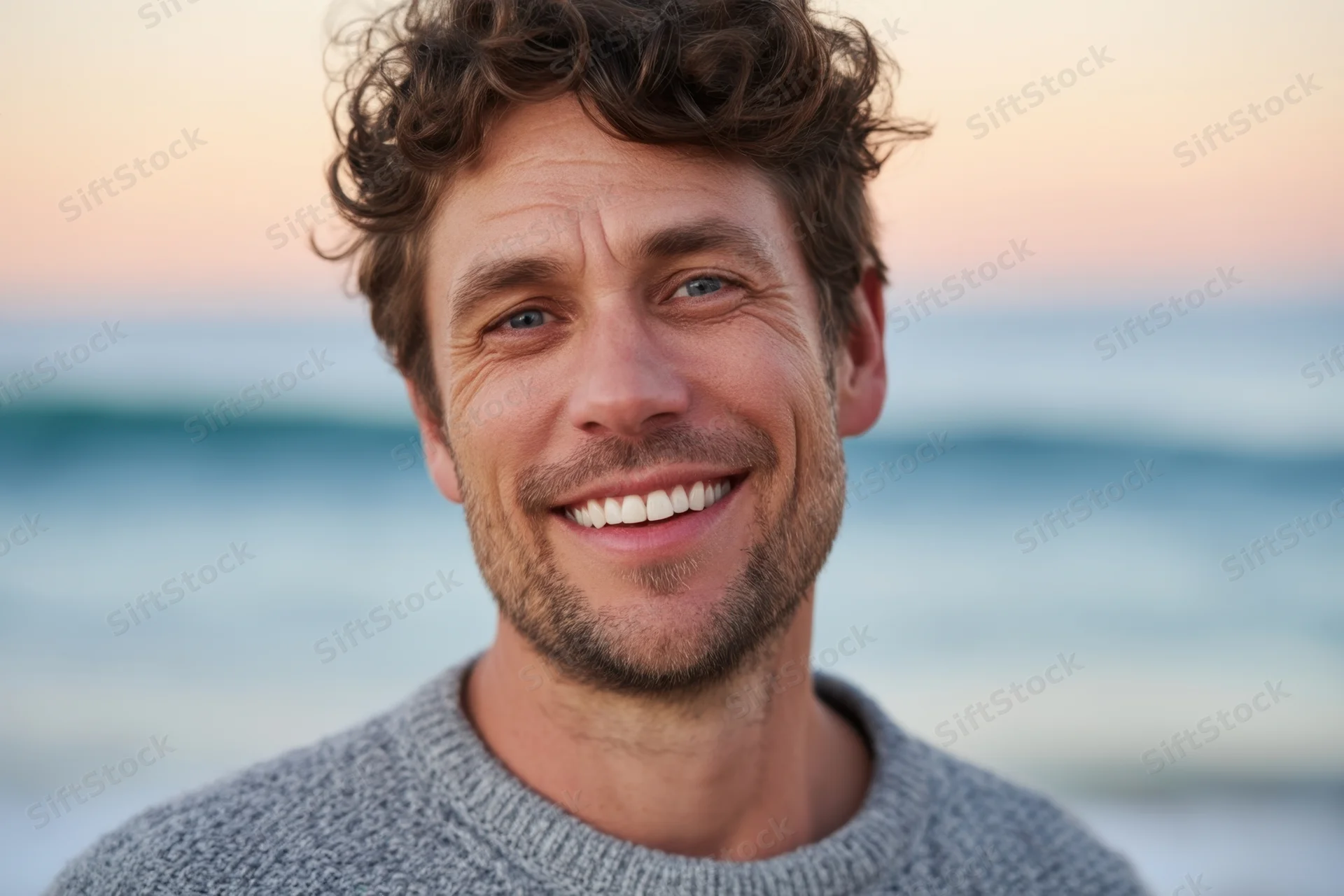 Smiling man in gray sweater at beach during sunset
