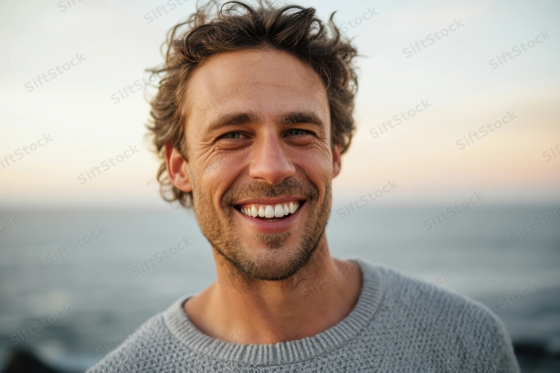 Smiling man in grey sweater by the ocean at sunset