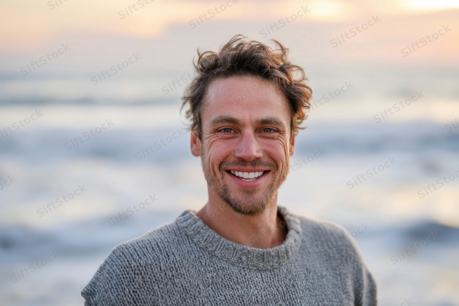 Smiling man in gray knit sweater standing on beach at sunset