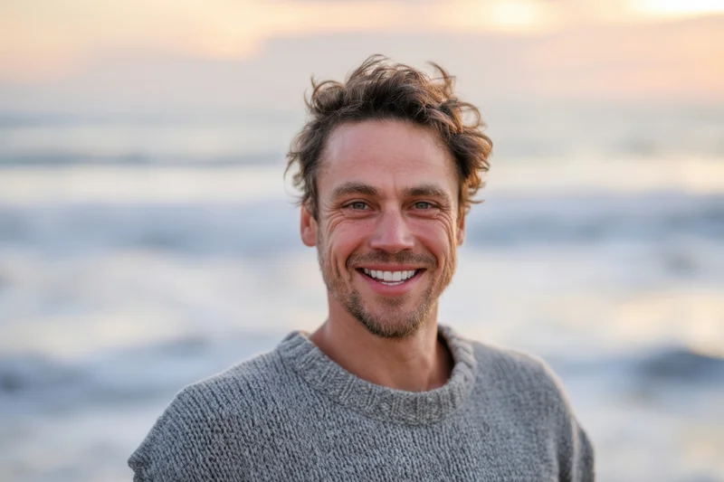 Smiling man in gray knit sweater standing on beach at sunset