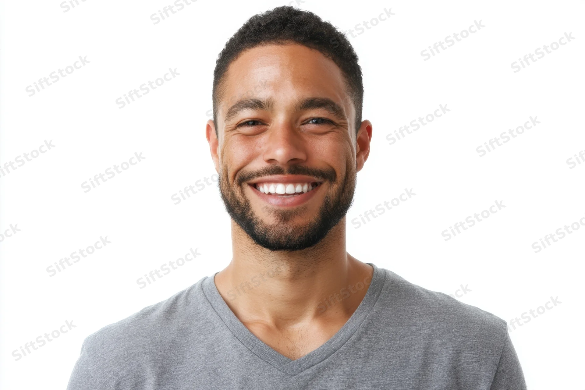 Smiling man with short dark hair and trimmed beard in gray v-neck t-shirt against white background
