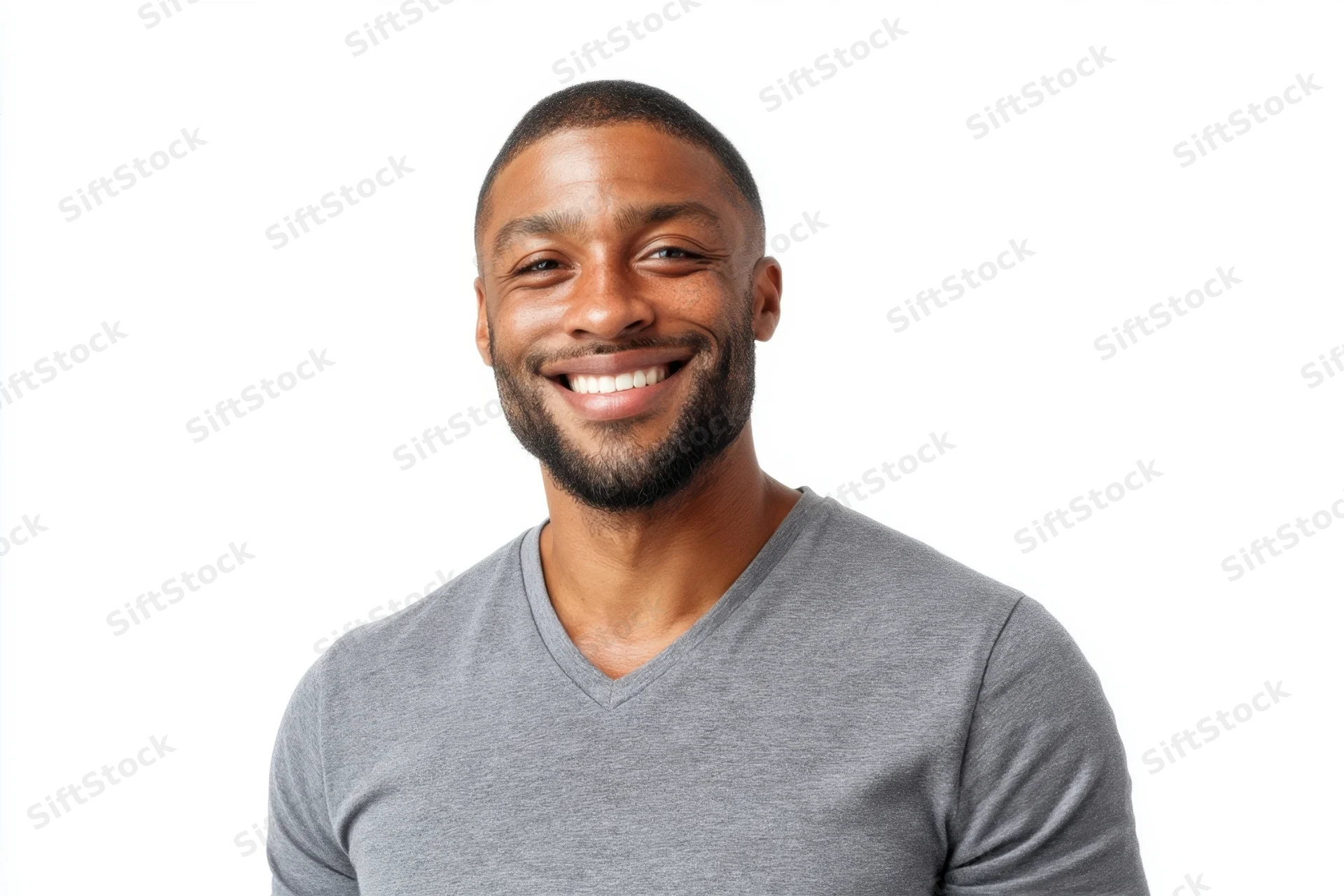 Smiling black man in gray v-neck t-shirt against white background