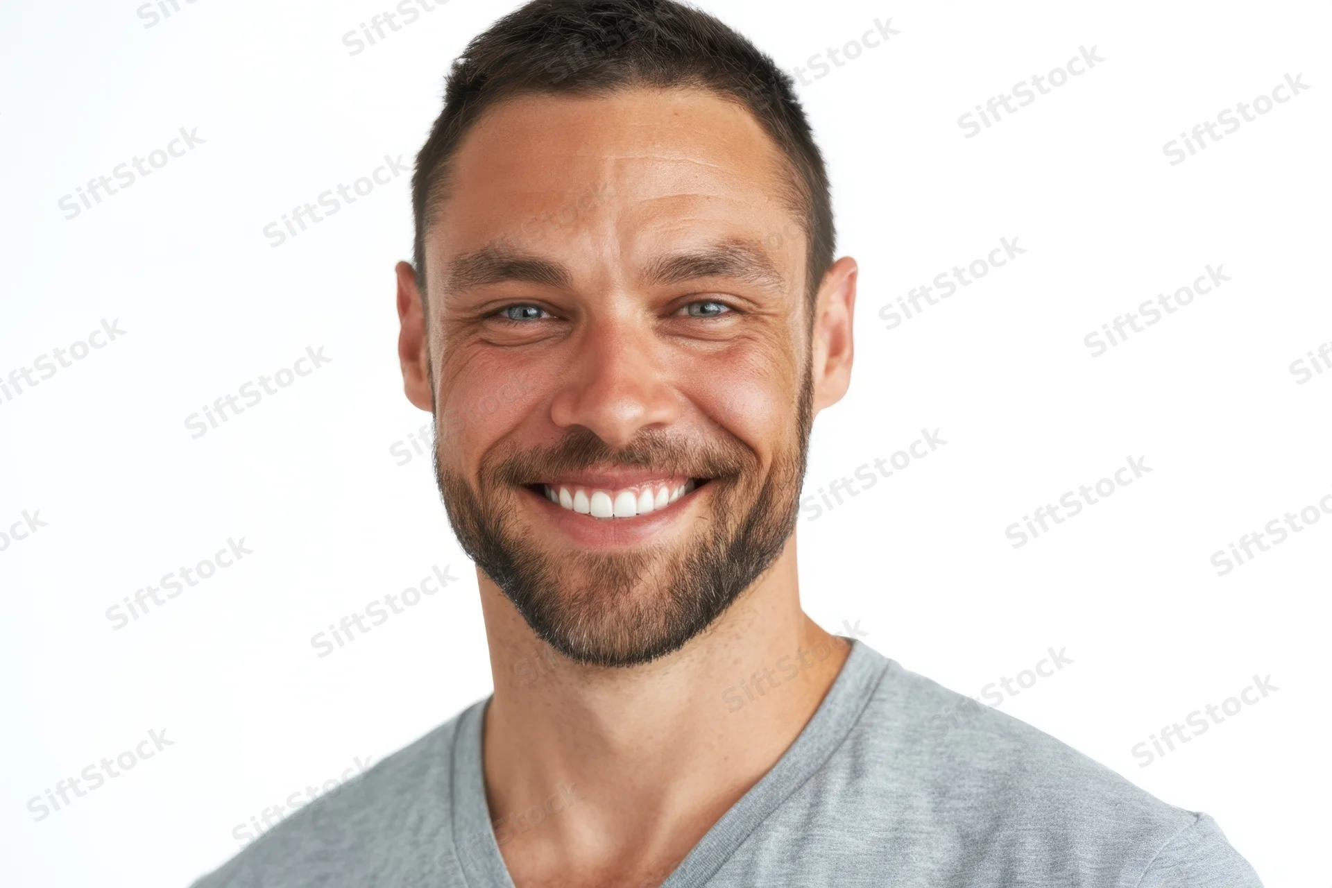 Smiling man with short dark hair and trimmed beard in gray t-shirt against white background