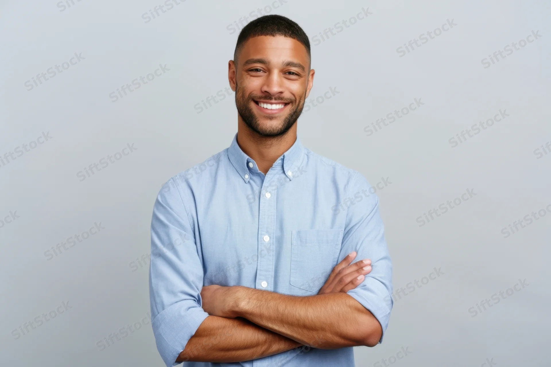 Smiling man with arms crossed wearing a blue button-down shirt against a plain background