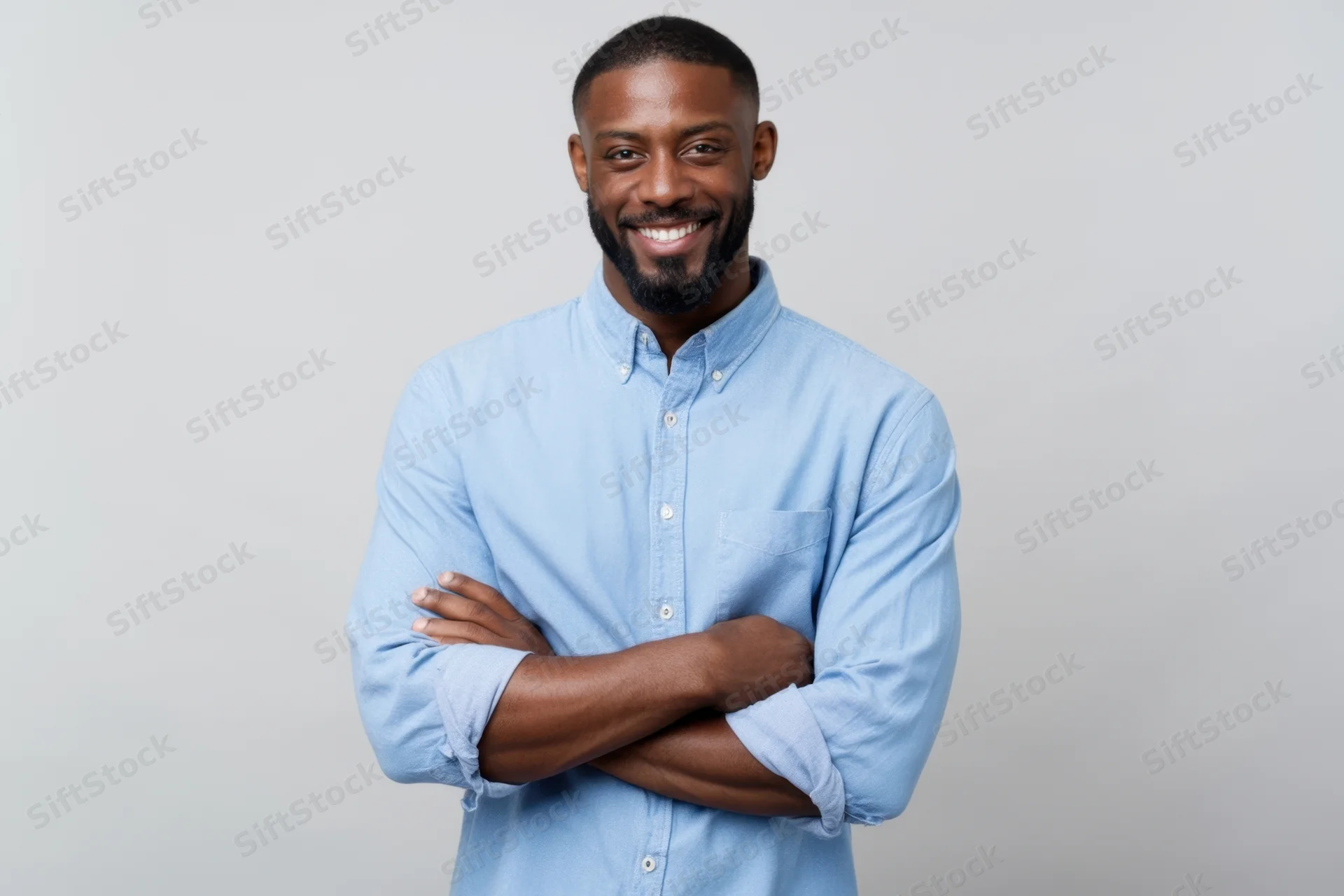 Smiling man with arms crossed wearing light blue button-down shirt in studio setting