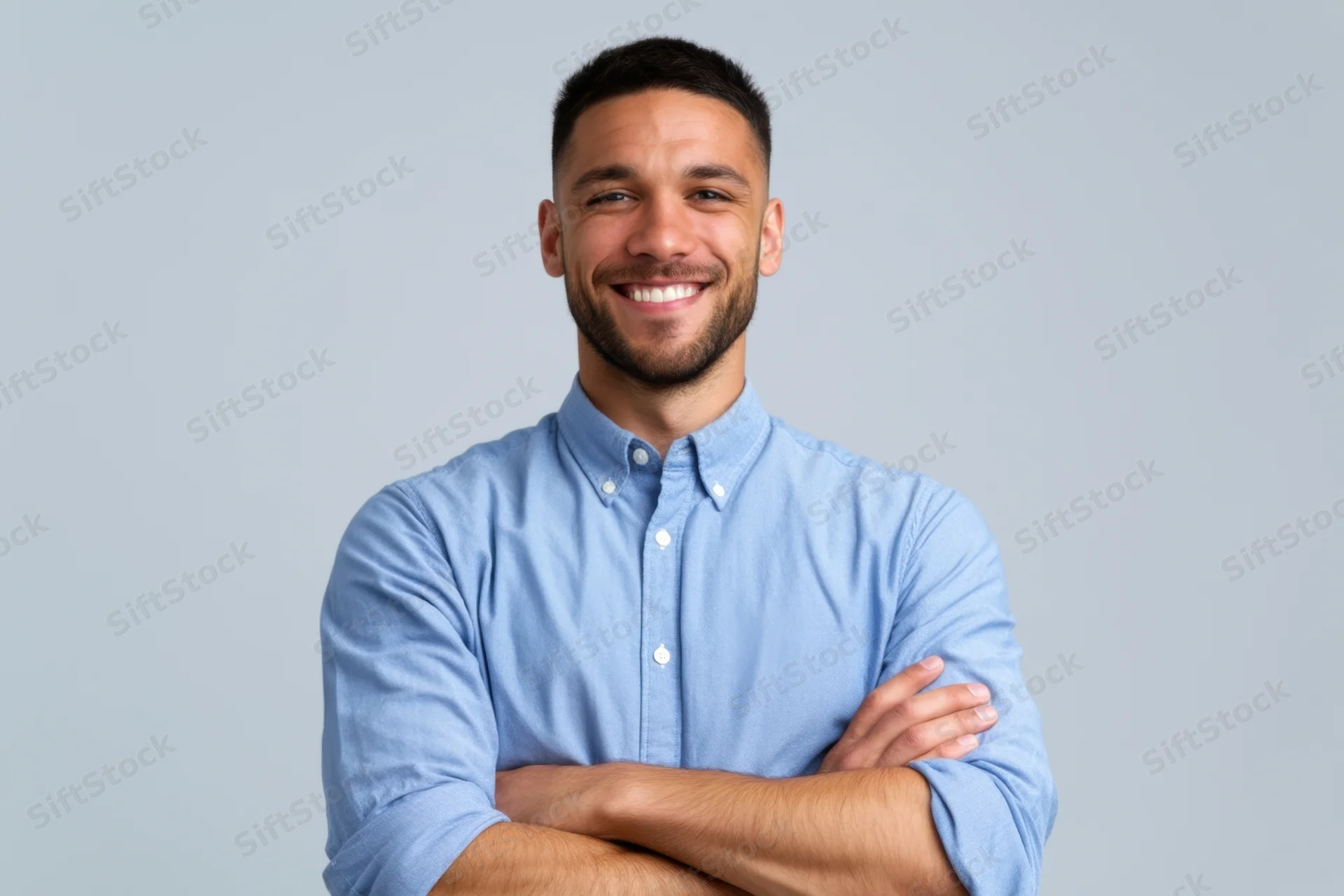 Smiling man with arms crossed wearing a blue button-down shirt in a studio setting