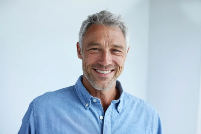 Smiling middle-aged man in blue button-down shirt standing indoors