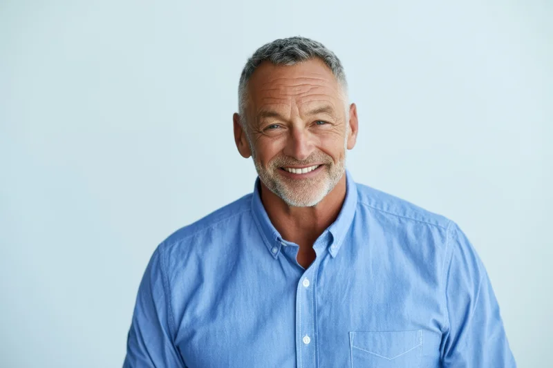 Smiling middle-aged man in blue button-down shirt posing against light background