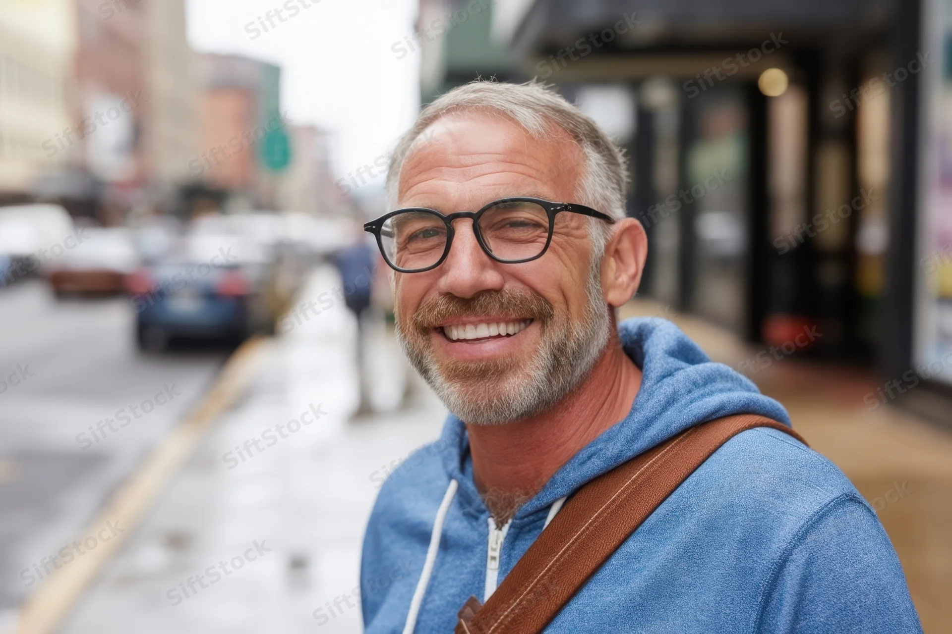Smiling senior man with glasses and gray beard wearing blue hoodie and brown strap bag on city sidewalk