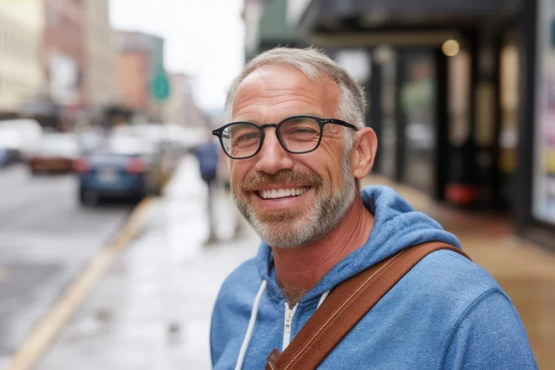 Smiling senior man with glasses and gray beard wearing blue hoodie and brown strap bag on city sidewalk