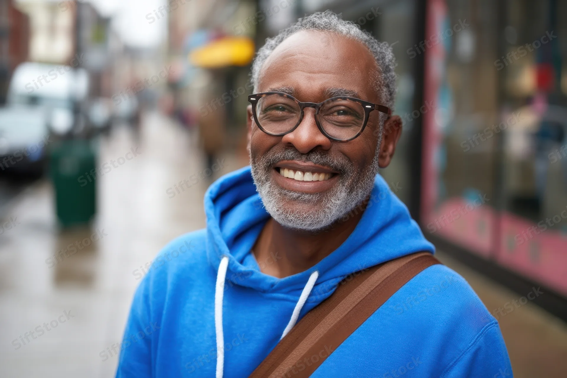 Smiling senior man in blue hoodie and glasses standing on wet city sidewalk