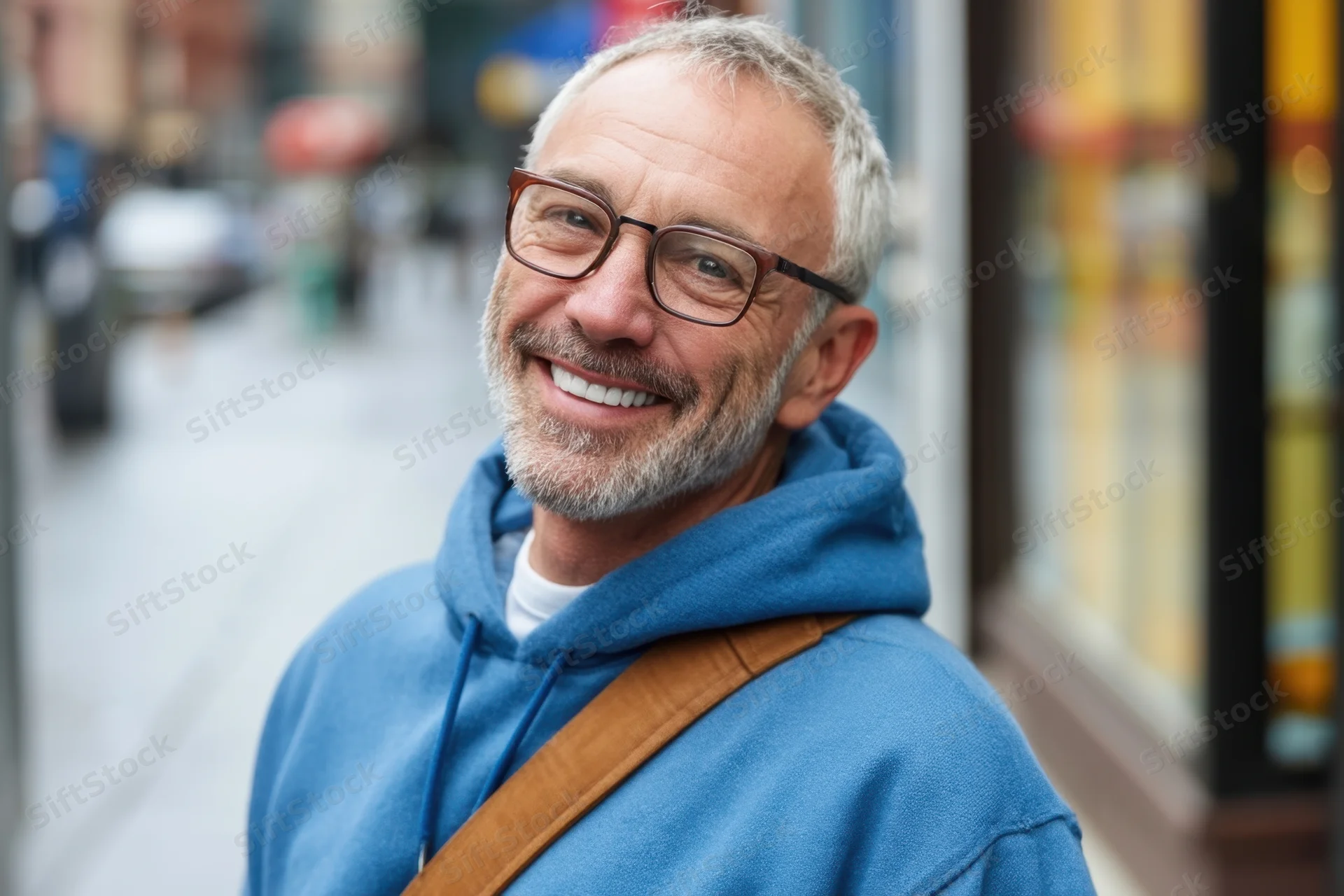 Smiling senior man with glasses and gray beard wearing blue hoodie on city street