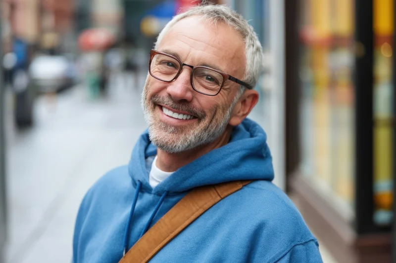 Smiling senior man with glasses and gray beard wearing blue hoodie on city street
