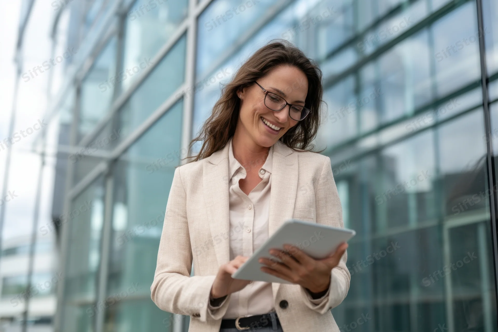 Smiling professional woman using tablet outdoors in front of modern glass building