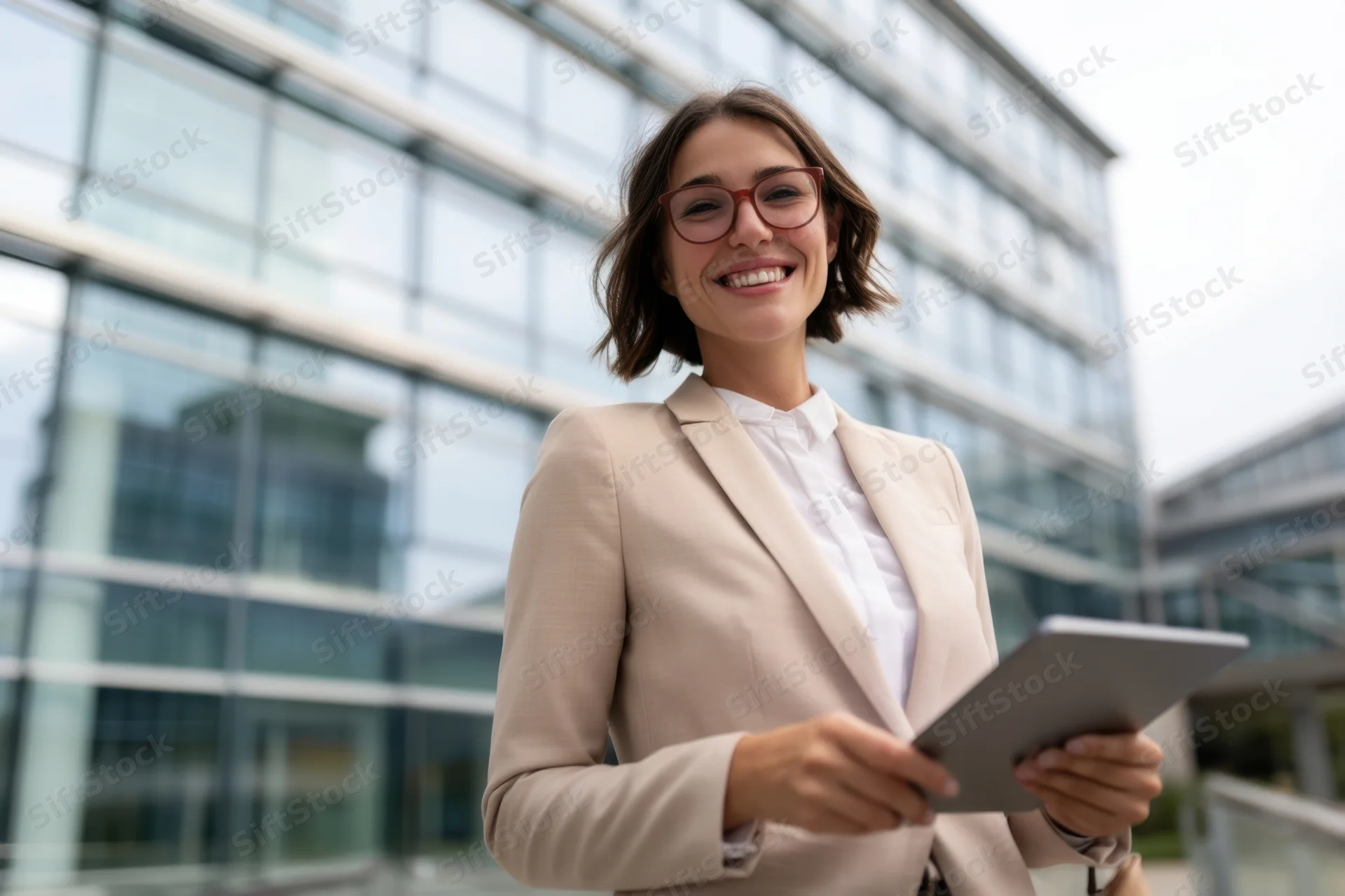 Smiling woman in beige blazer holding tablet outside modern glass office building