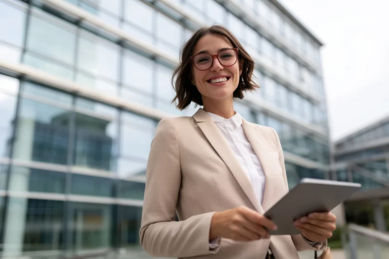 Smiling woman in beige blazer holding tablet outside modern glass office building