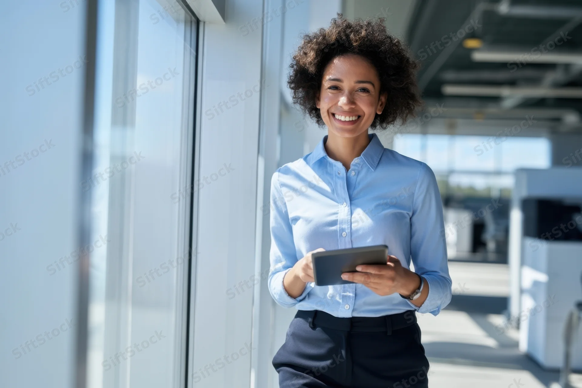 Smiling professional woman holding tablet by large office window