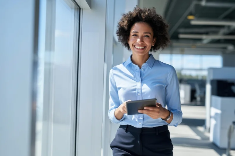 Smiling professional woman holding tablet by large office window
