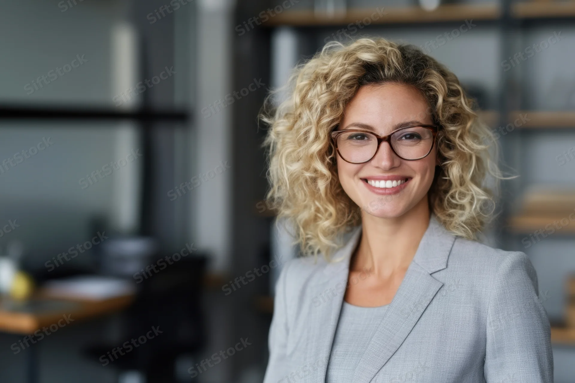 Smiling professional woman in gray blazer and glasses standing in office interior