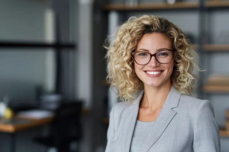 Smiling professional woman in gray blazer and glasses standing in office interior