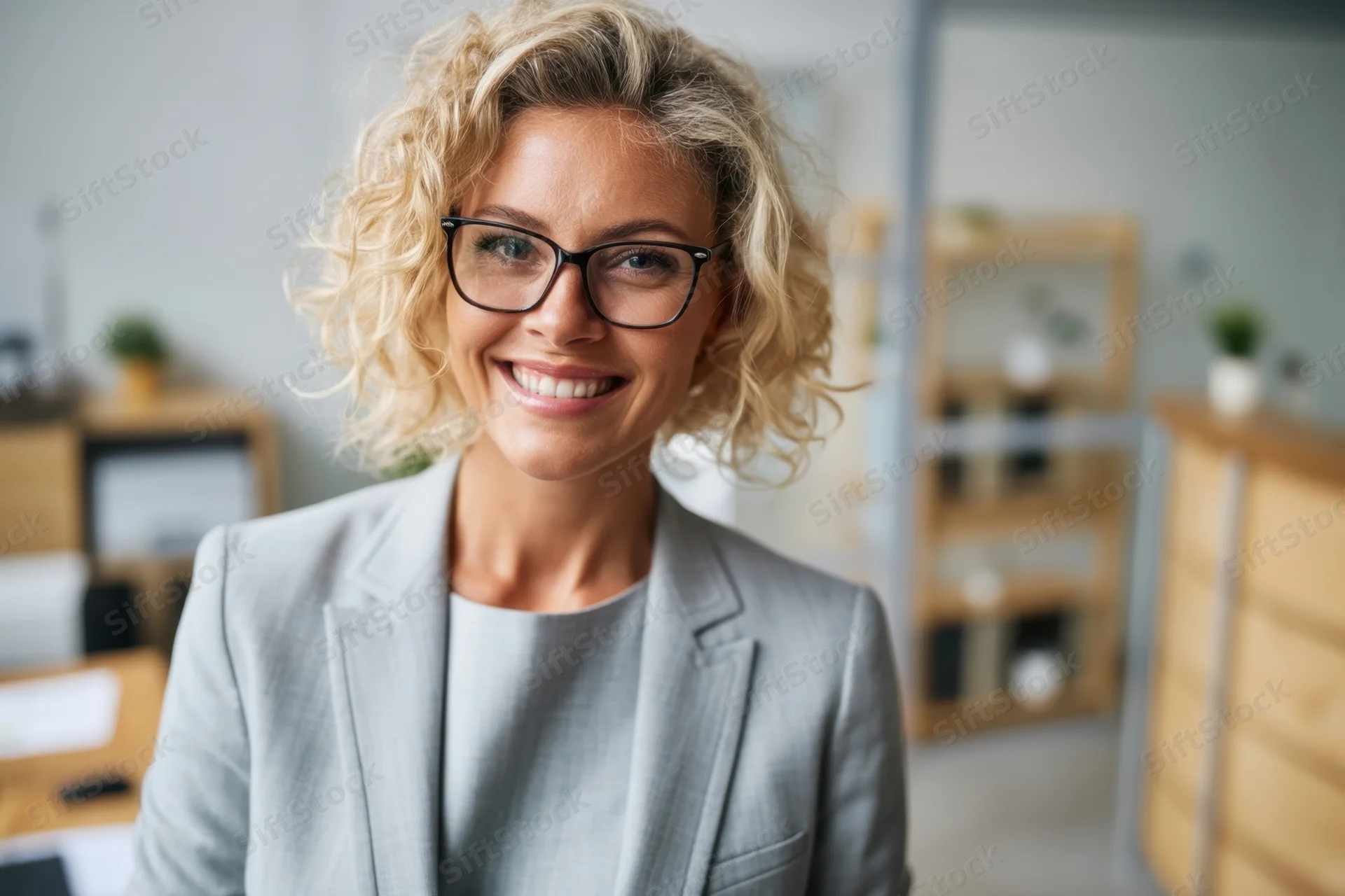 Smiling professional woman in gray blazer and glasses standing in office workspace