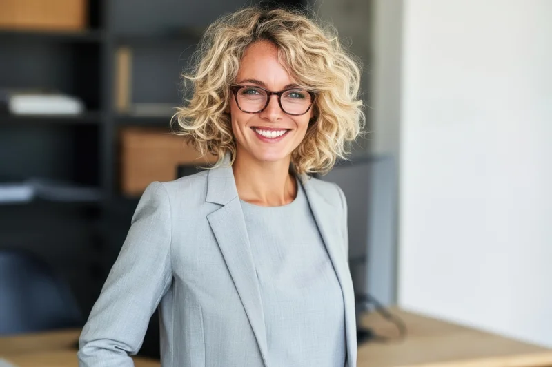 Smiling professional woman in gray blazer and glasses standing in office interior