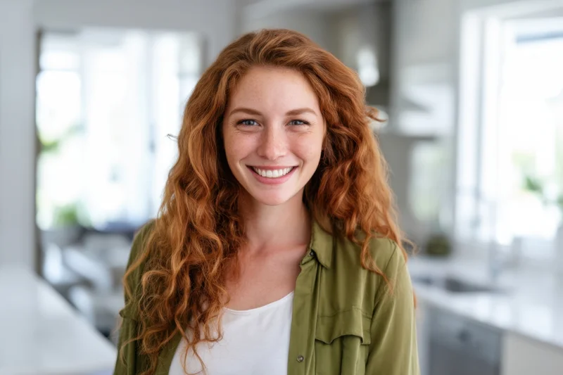 Smiling red-haired woman in olive green shirt over white top in modern kitchen interior