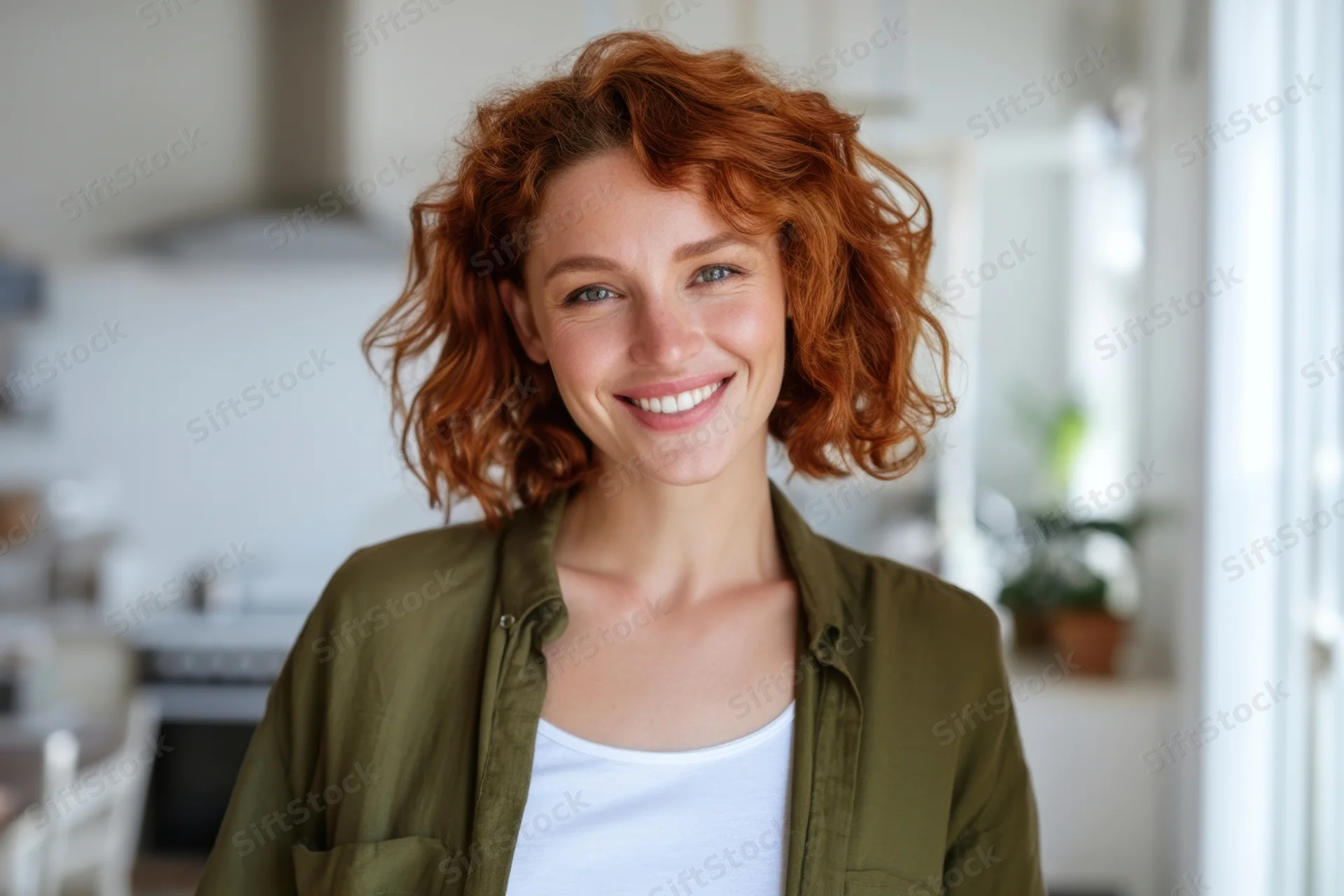 Smiling red-haired woman in olive green shirt over white top standing in kitchen interior