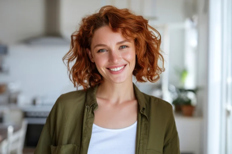 Smiling red-haired woman in olive green shirt over white top standing in kitchen interior