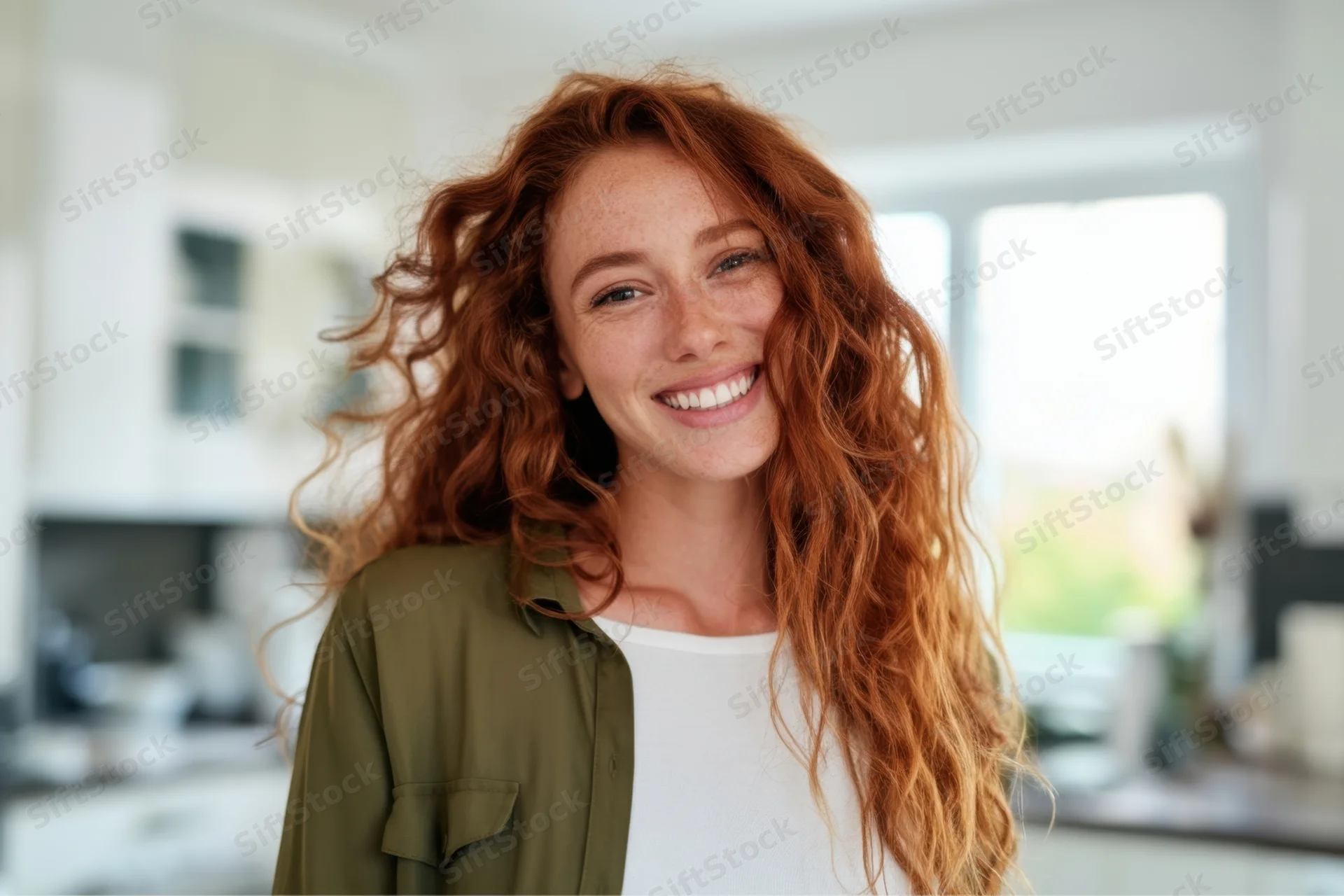 Smiling red-haired woman in olive green shirt over white top in kitchen