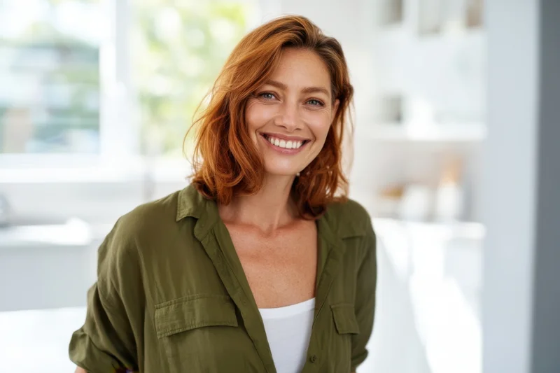 Smiling red-haired woman in olive green shirt standing in bright modern kitchen interior