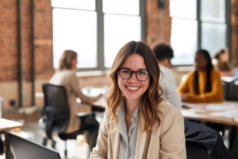 Smiling woman in beige jacket and striped shirt sitting at desk in modern office with colleagues working in background