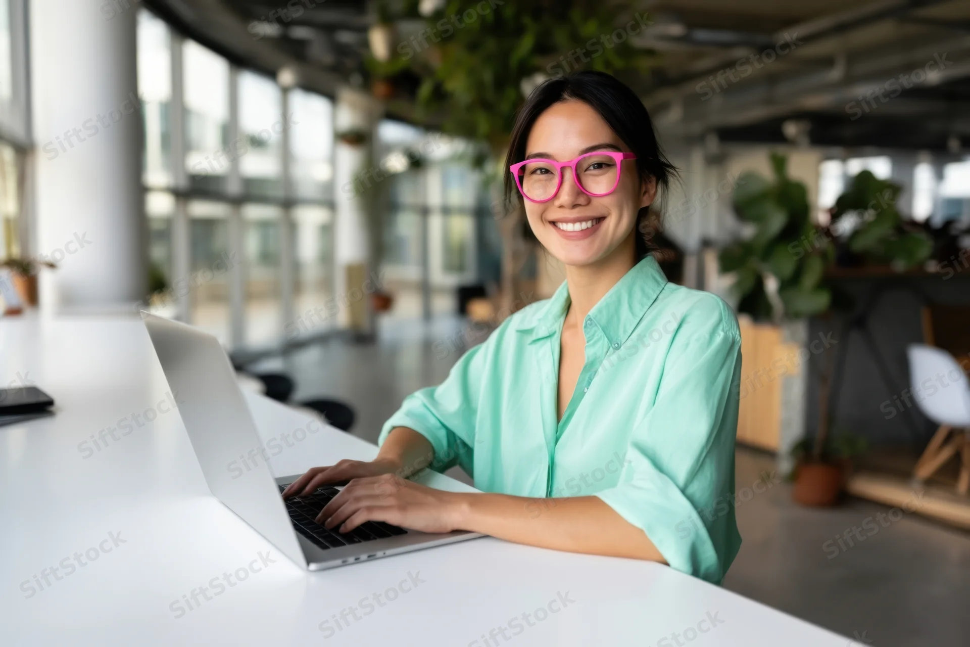 Smiling asian woman typing on laptop at modern office desk