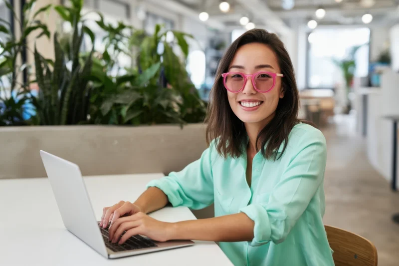 Smiling asian woman typing on laptop at office desk