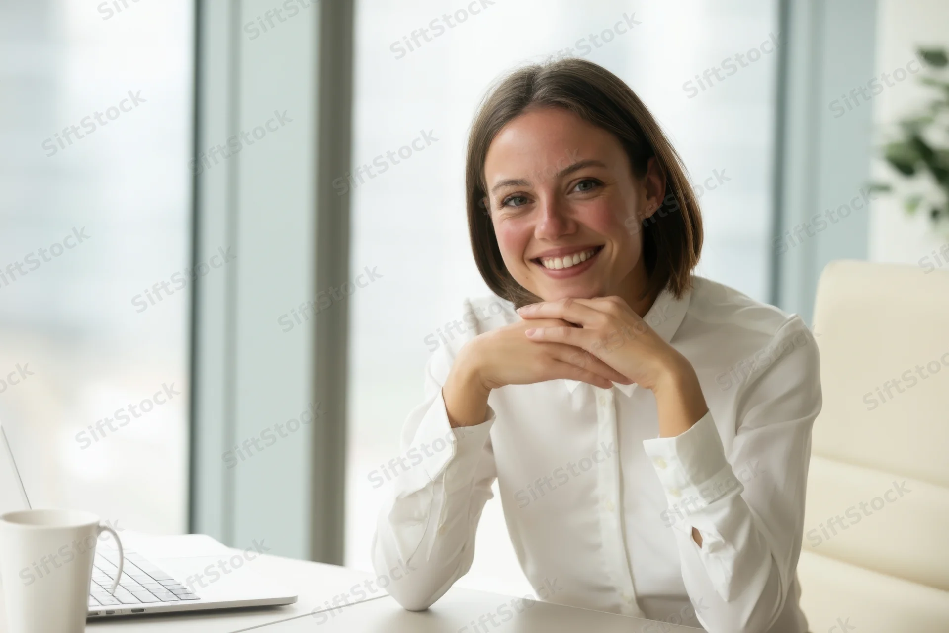 Smiling woman sitting at office desk by large windows with laptop and mug