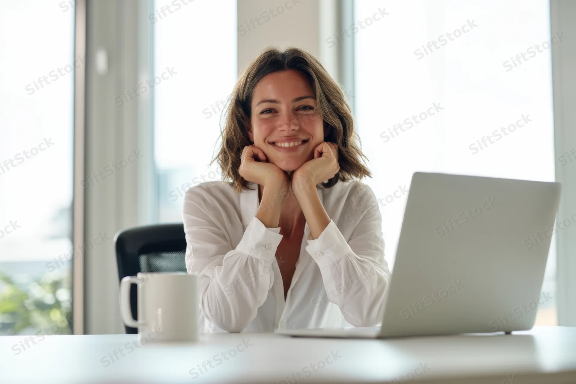Smiling woman resting chin on hands at office desk by large windows