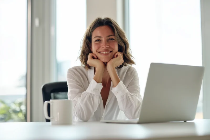 Smiling woman resting chin on hands at office desk by large windows