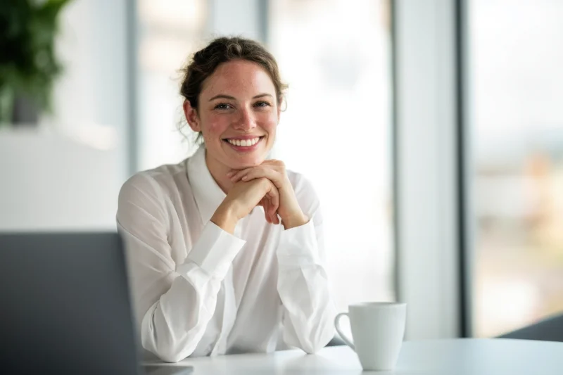 Smiling woman sitting at office desk with laptop and mug by large windows
