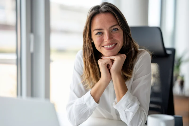 Smiling woman sitting at office desk by large windows