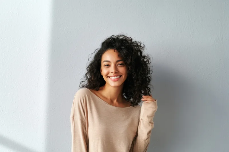 Smiling woman with curly black hair wearing beige longsleeve top indoors
