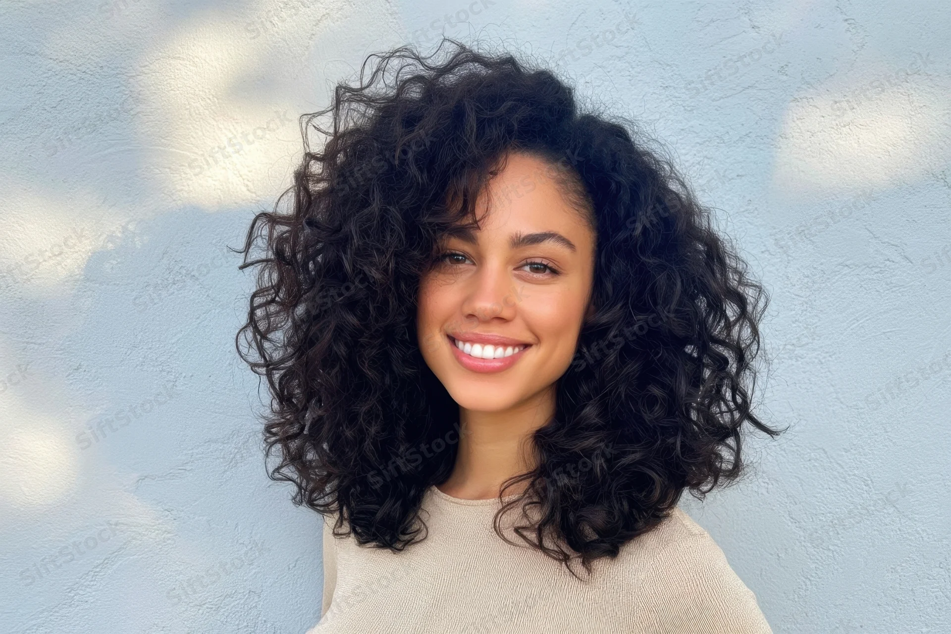 Smiling woman with curly black hair wearing beige sweater against blue wall