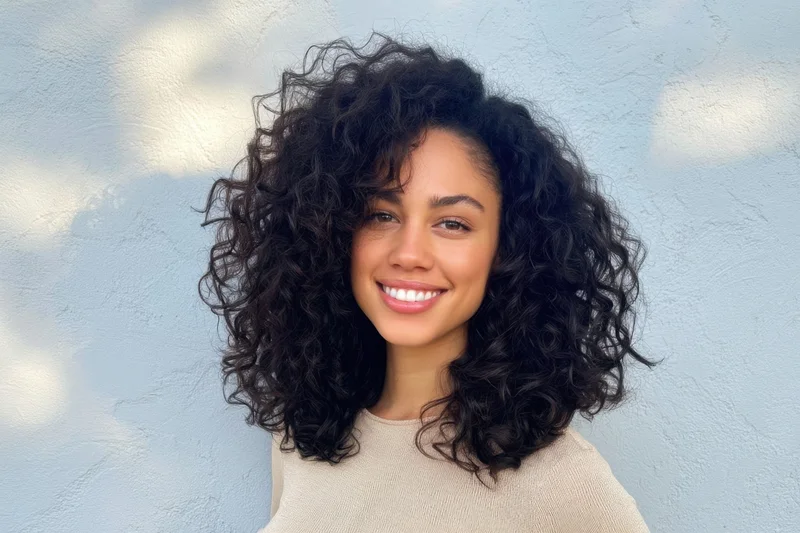 Smiling woman with curly black hair wearing beige sweater against blue wall