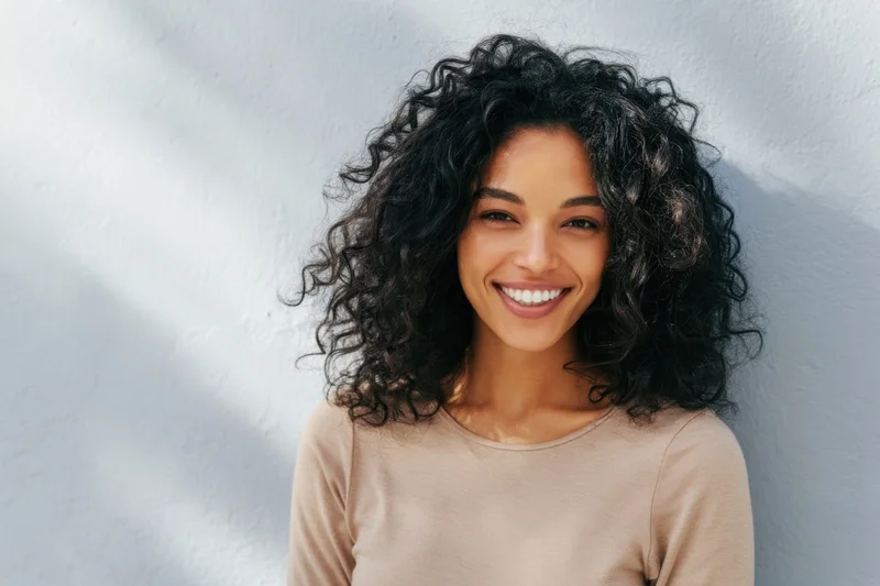 Smiling woman with curly black hair wearing beige top against white wall in sunlight